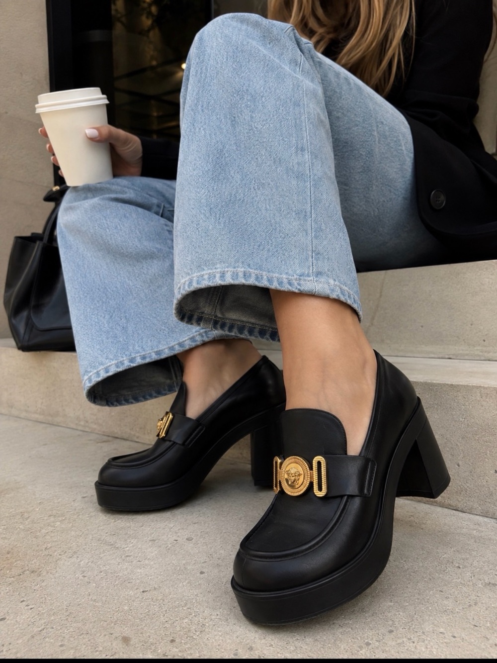 Versace Black Leather Platform Loafers with Gold Medallion Sz 38 EU